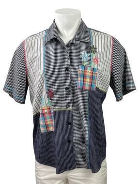 Koret Men Blue Gingham Check Patchwork Short Sleeve Button Down Shirt Top Size L
